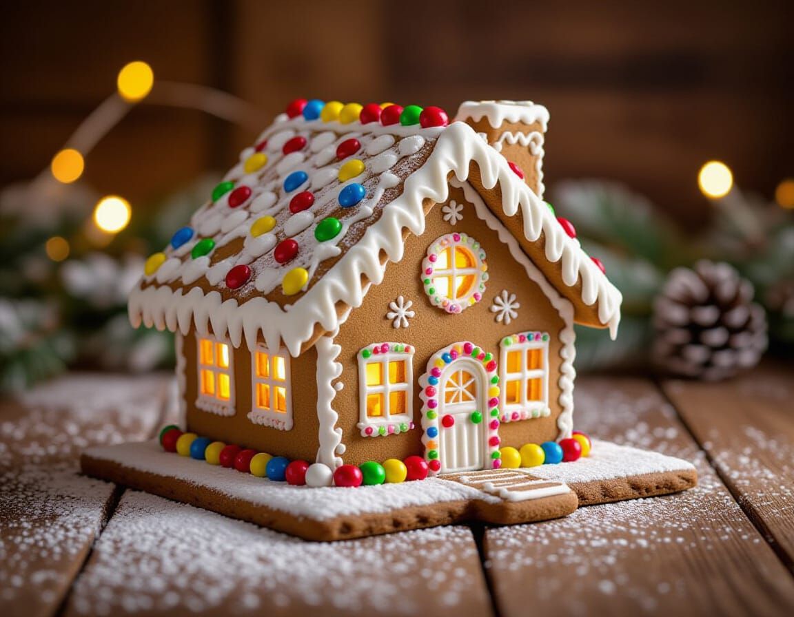 Decorated Gingerbread House Cookie: Realistic Studio Photo