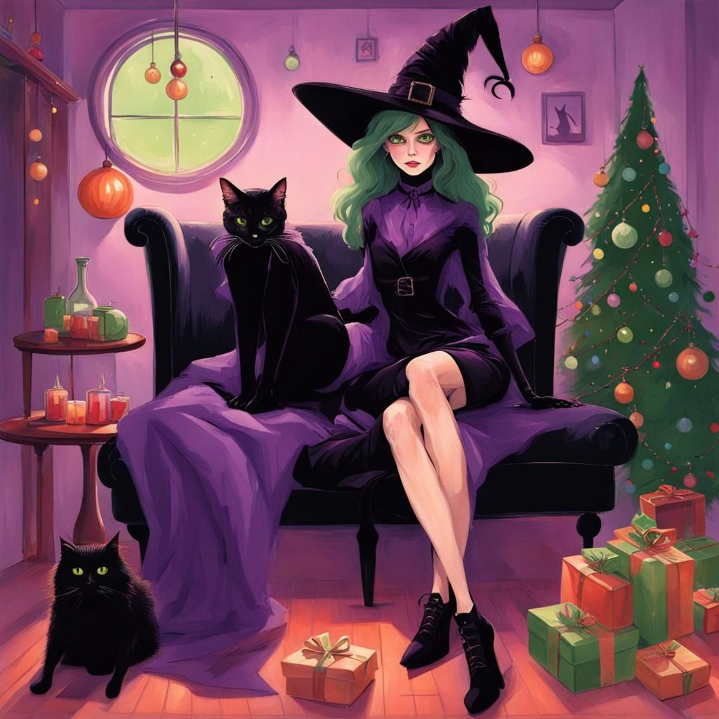 Mystical Christmas Scene with a Witch and her Feline Compani...