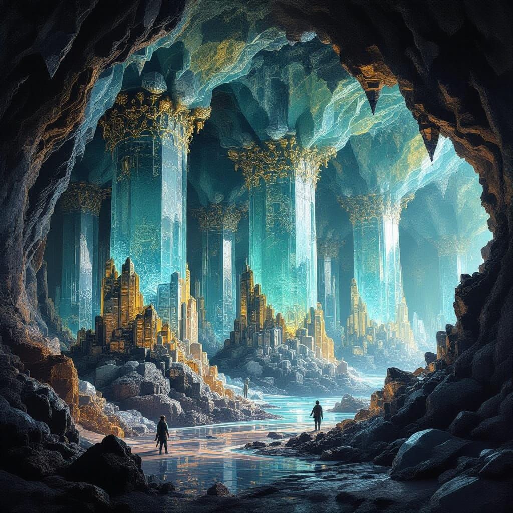 Crystal Cave with Obsidian Walls in Abstract Fractal Art