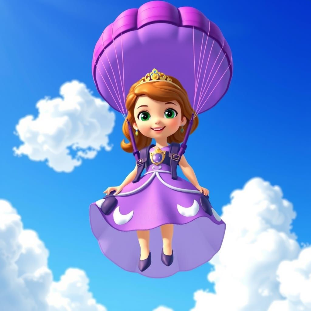 Princess Sofia's Whimsical Parachute Adventure in Blue Sky