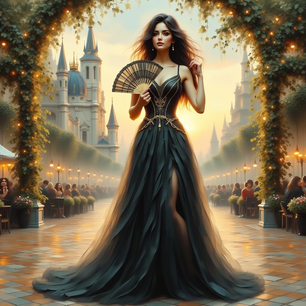 Lady with Fan in Art Nouveau Double Exposure