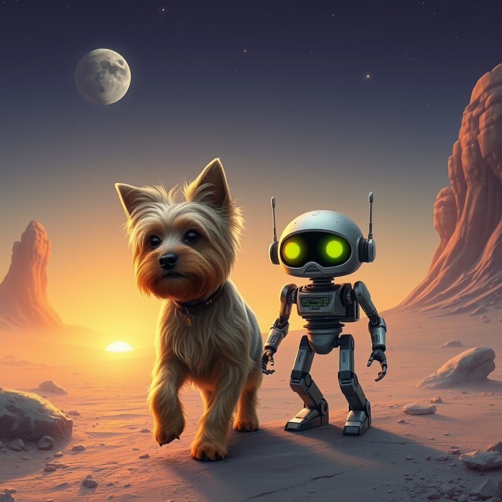 Yorkie Jedi Master Walks on Distant Planet at Sunrise