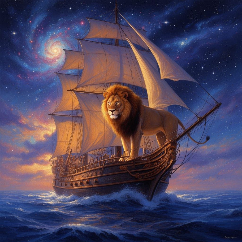 Majestic Lion on Ship in Starry Sky Matte Painting