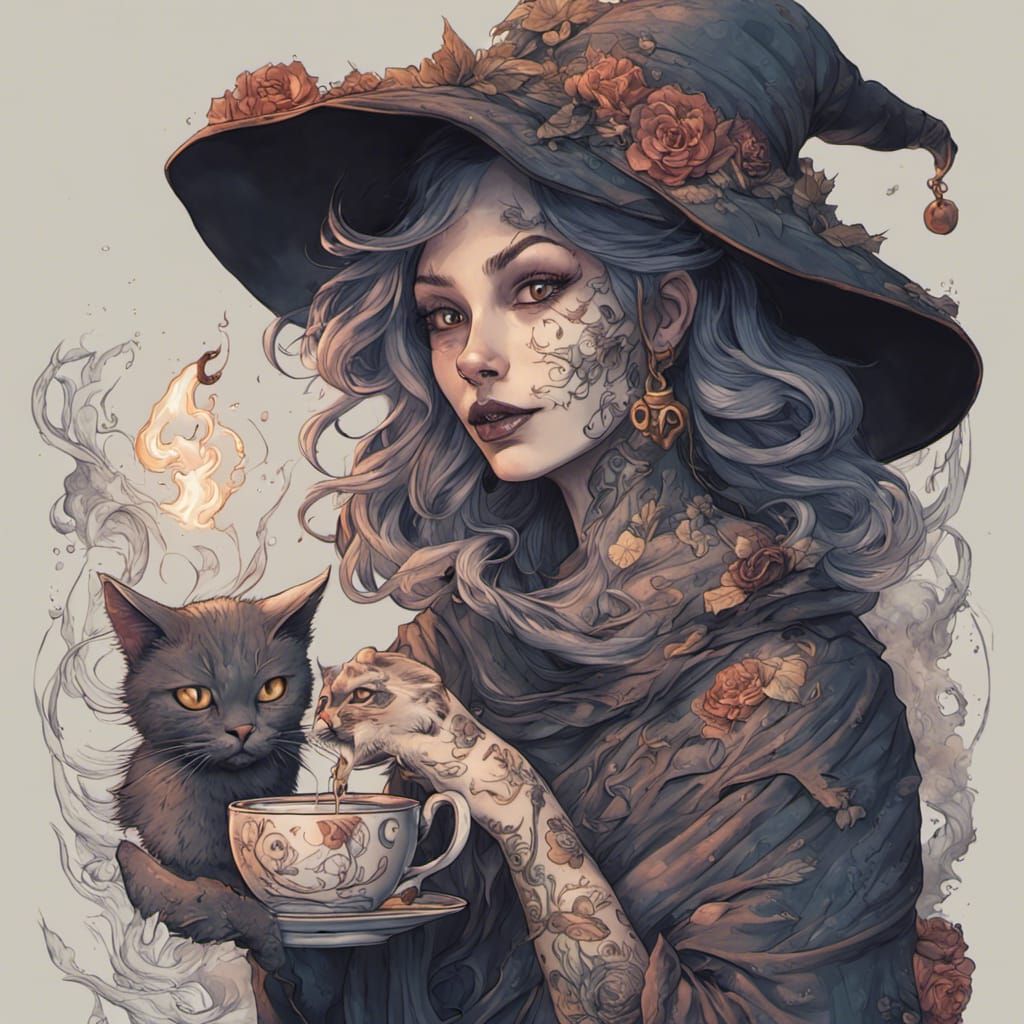 Magical Fantasy Witch with Cat in Detailed Matte Painting