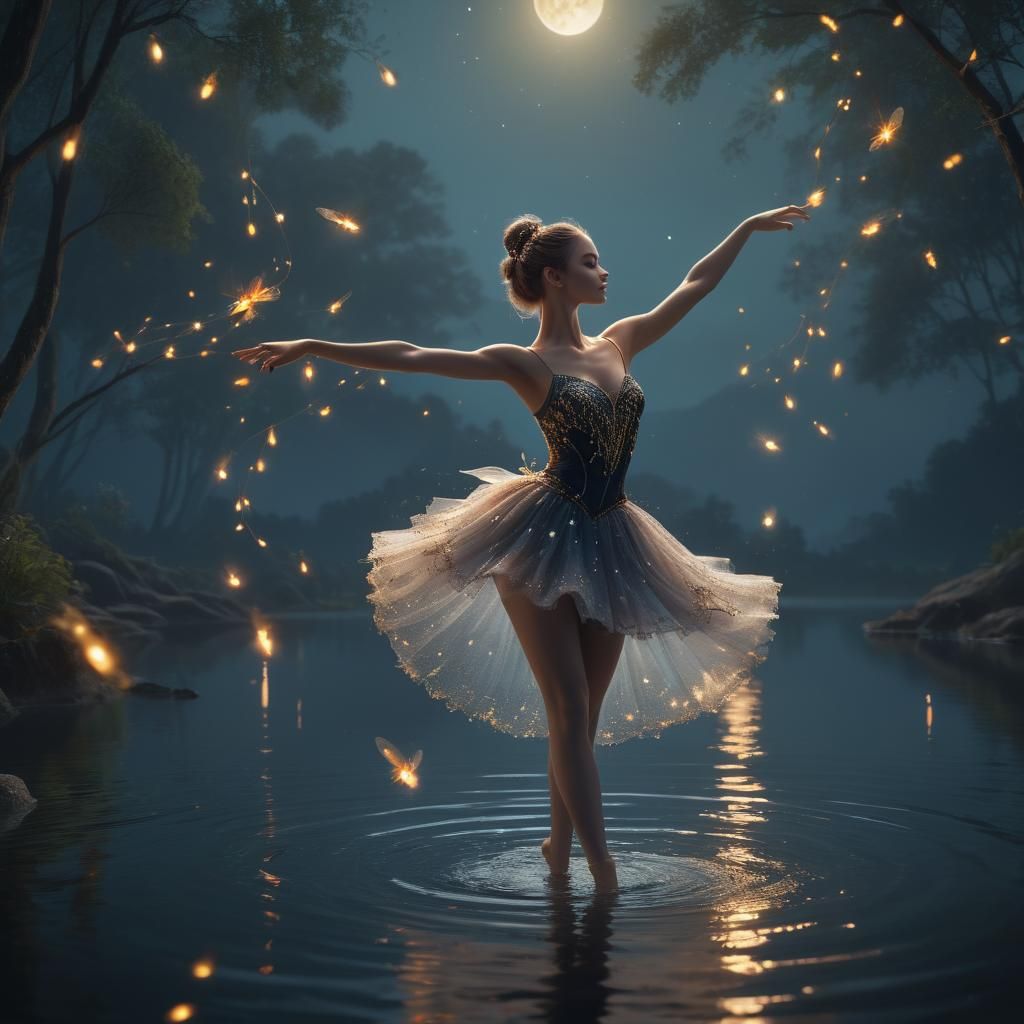 Ballerina Under Moonlit Fireflies in Hypersaturated Fantasy....