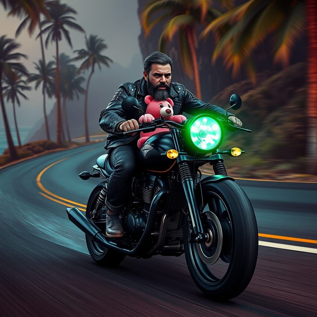 Cyberpunk Biker Rides Coastal Highway at Night