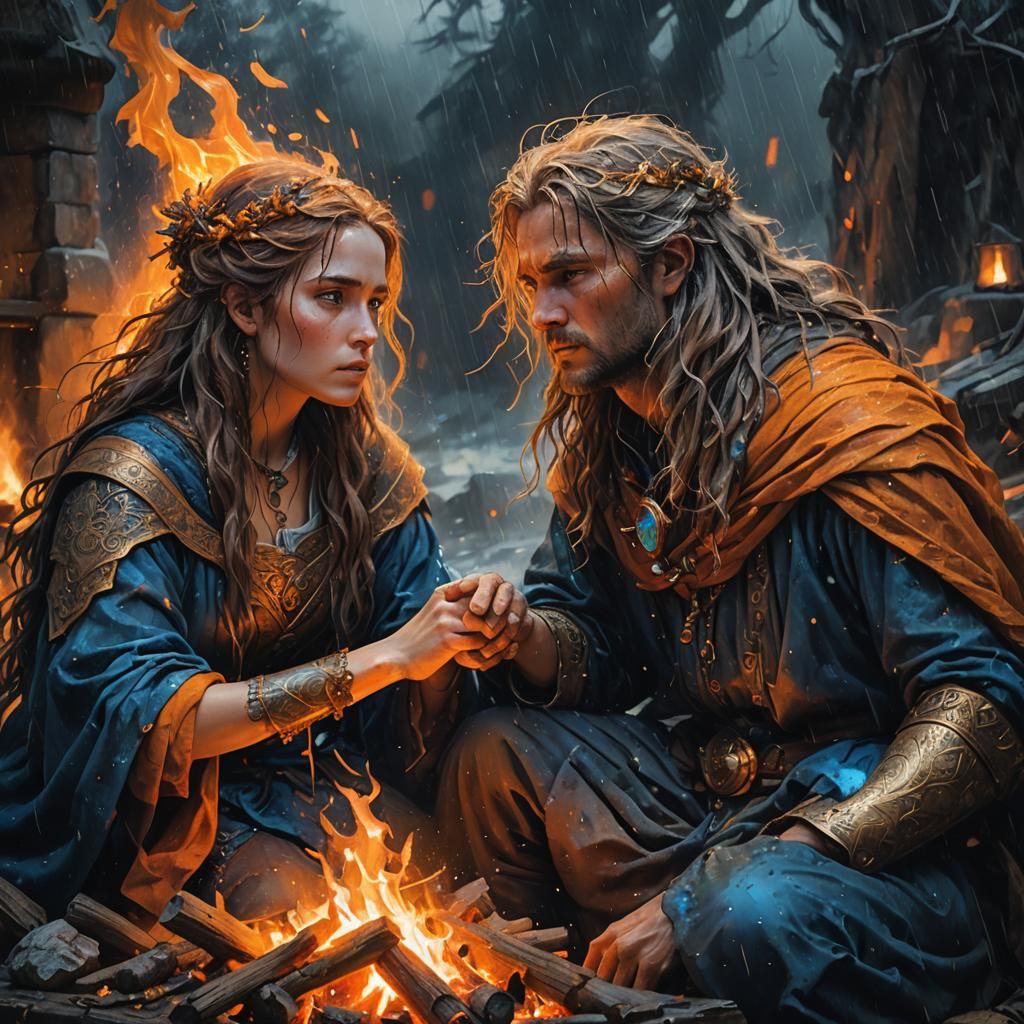 Warm Golden Light on Huddled Figures by Cracking Fire