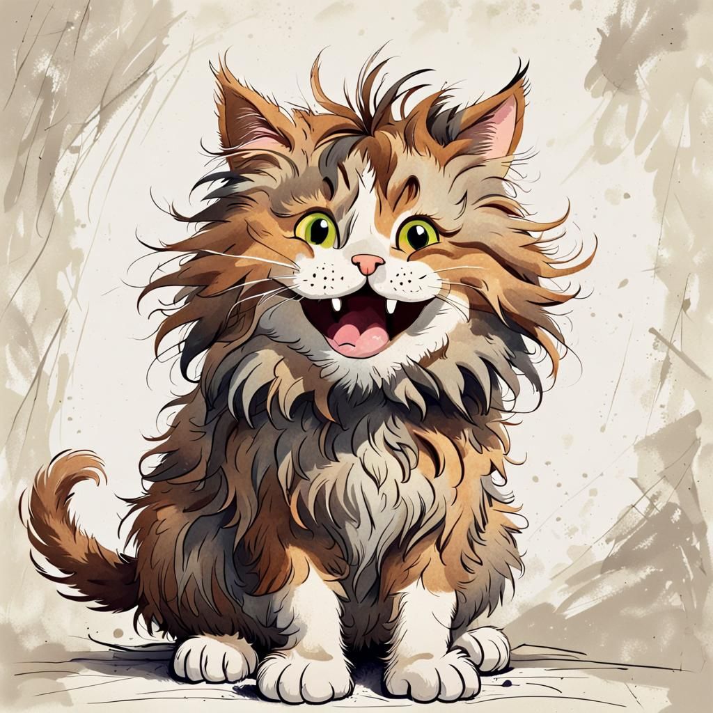 Vibrant Shaggy Cat with Expressive Face in Children's Book S...