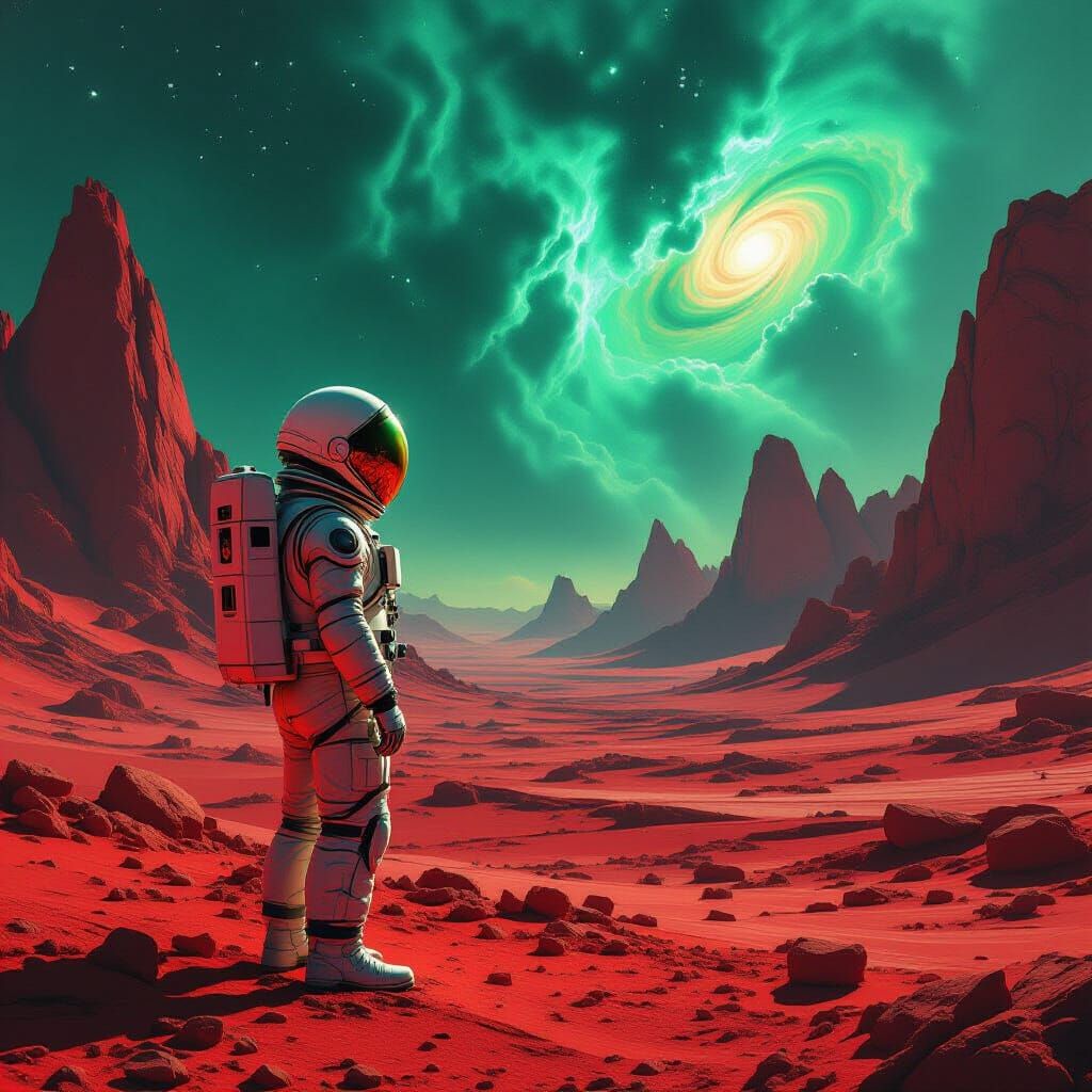 Abandoned Astronaut Suit on Crimson Alien Planet