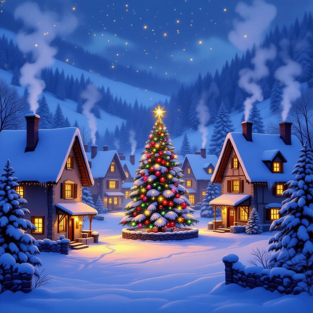 Cozy Christmas Village Scene with Festive Lights