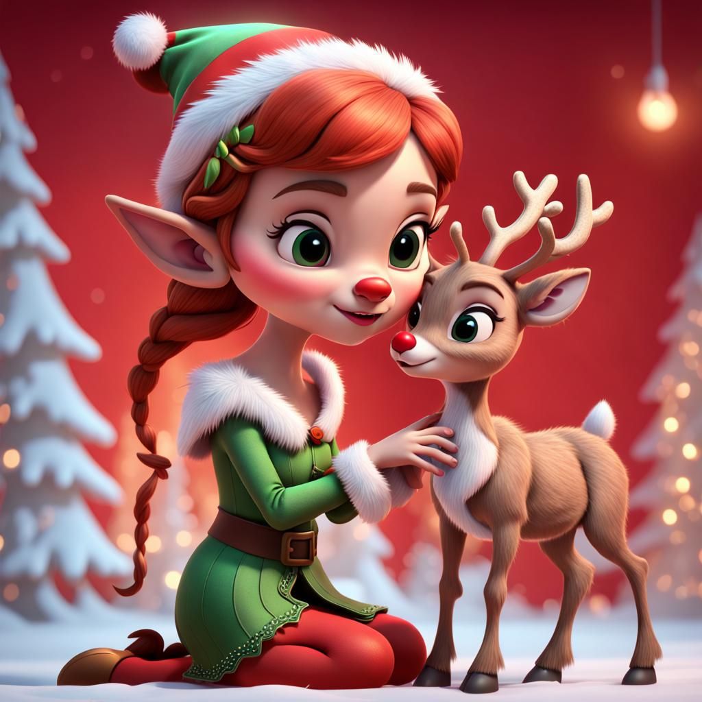 Cute Elf Petting Rudolph the Red Nosed Reindeer in Vibrant C...