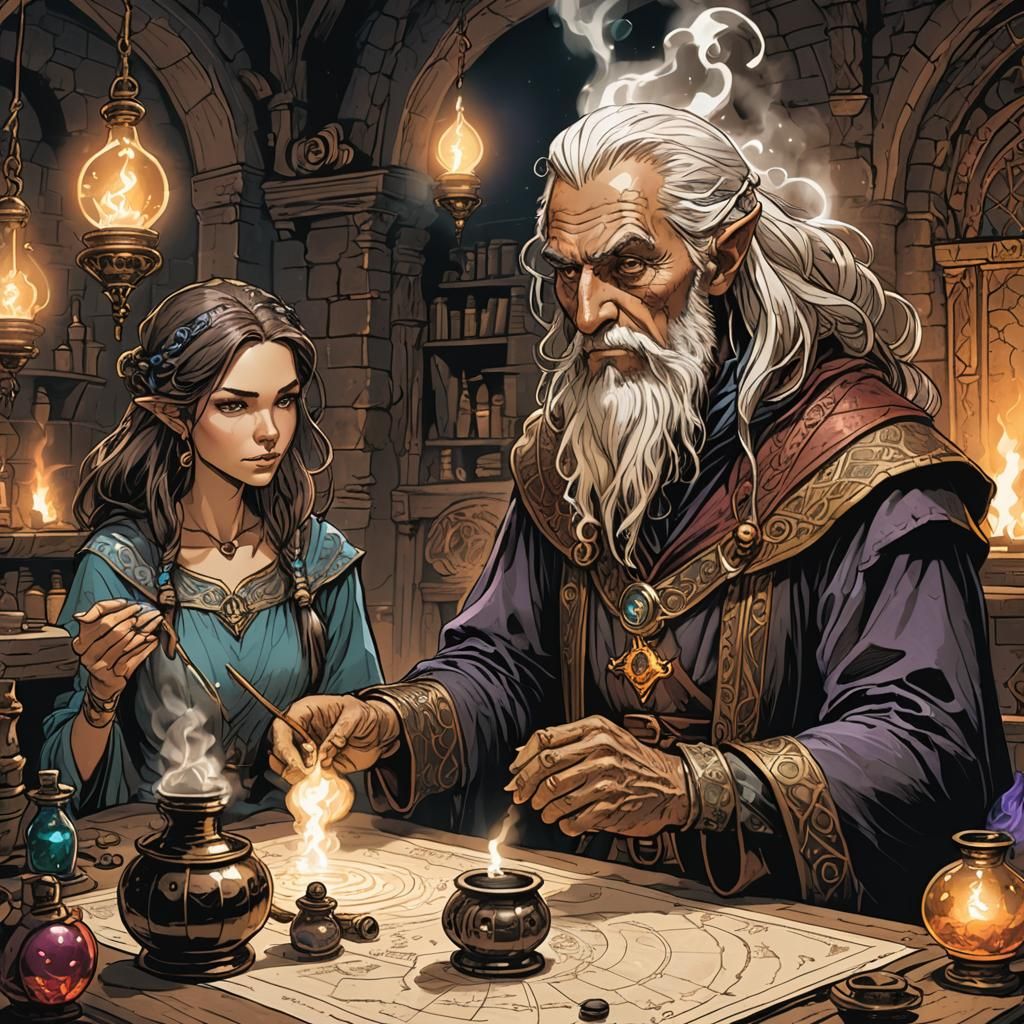 Ancient Sorcerer Mentors Apprentice in Whimsical Fantasy Sce...