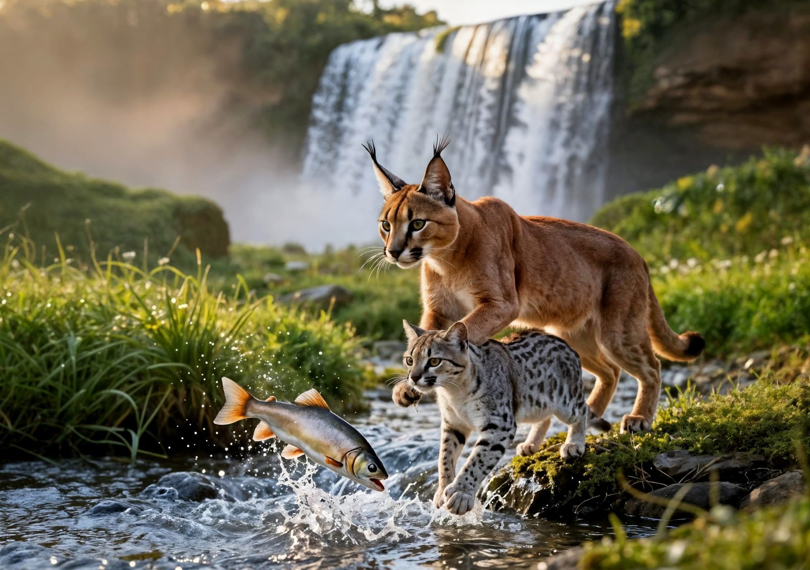 Caracal and Ocelot Hunt Fish Near Waterfall