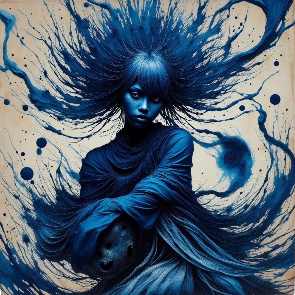 Indigo Yokai Spirit Weaver in Whimsical Style
