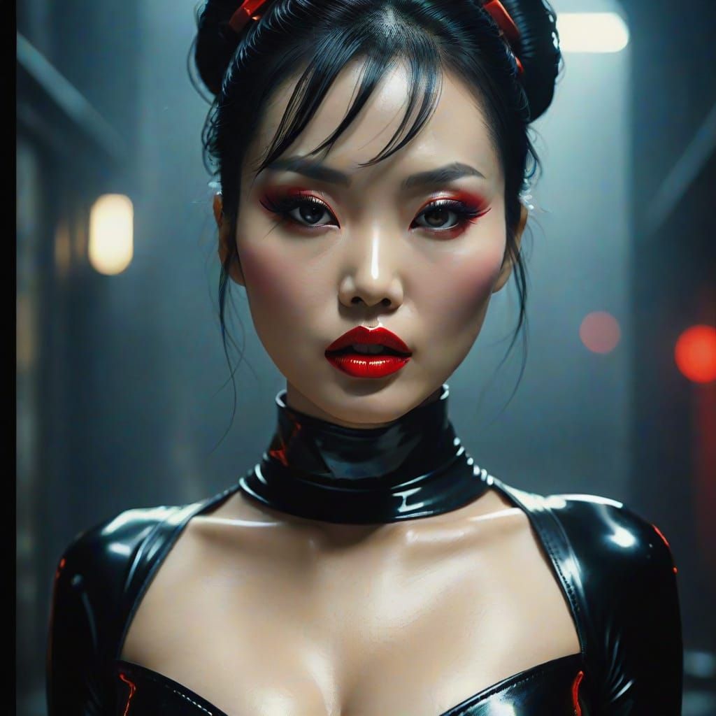 Cinematic Film Still of Sensual Woman in Black Latex