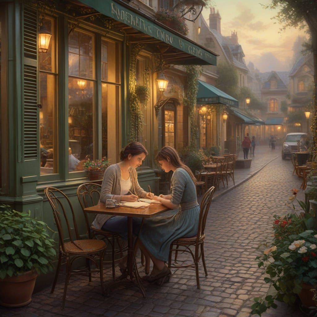 Ethereal Girl Writing Letter at French Cafe