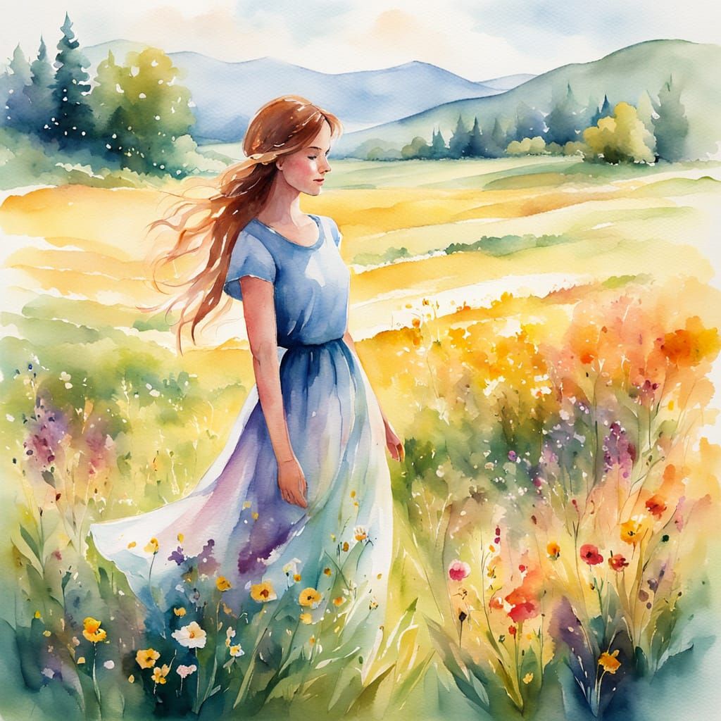Impressionist Watercolor of Woman in Sunny Meadow