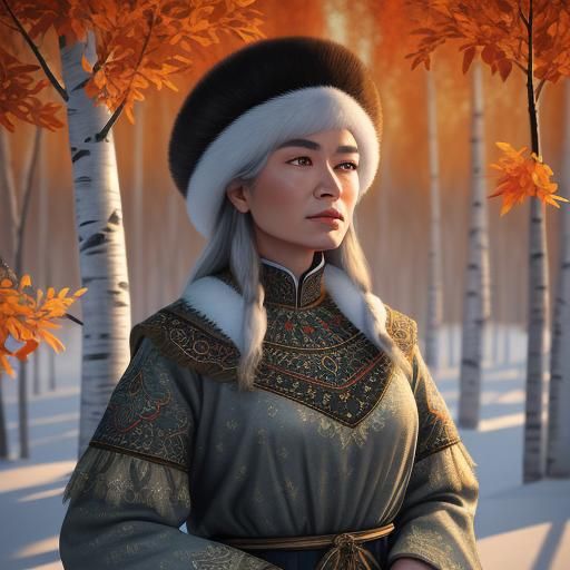 3d rendering, folk art, naturalism
Bashkir girl 25 years old stands near a birch tree, full height, fur hat, national cl...