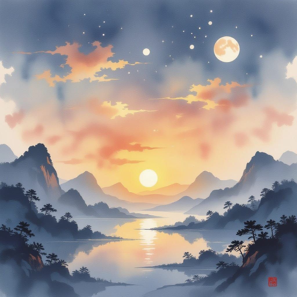 Celestial Ink Watercolor Sunset Landscape