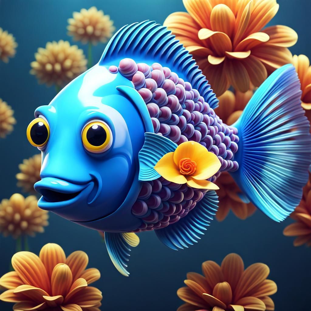 Vibrant Cartoon Fish Blooms in Whimsical 3D Shading
