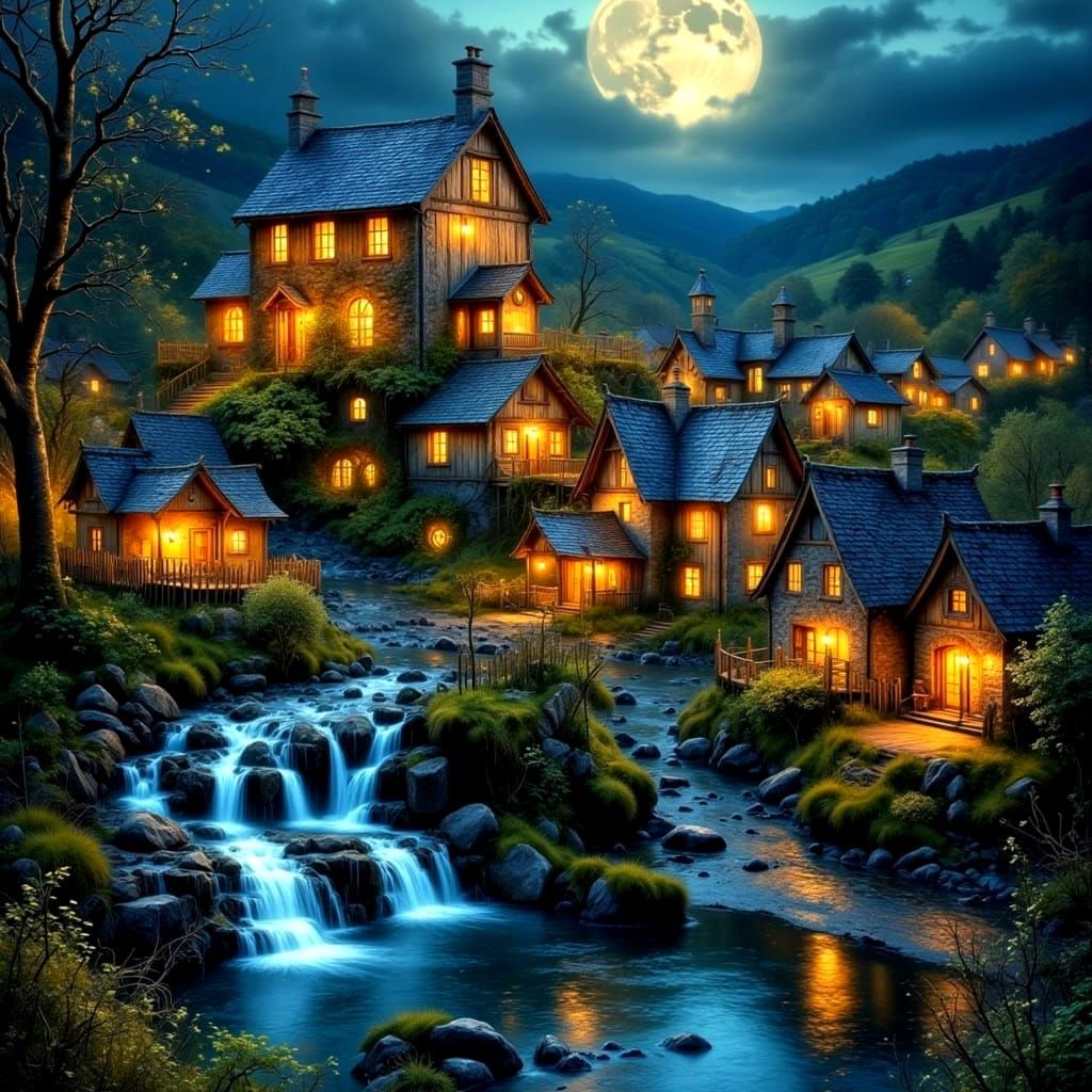 Fantasy Landscape Painting of a Serene Welsh Village at Nigh...