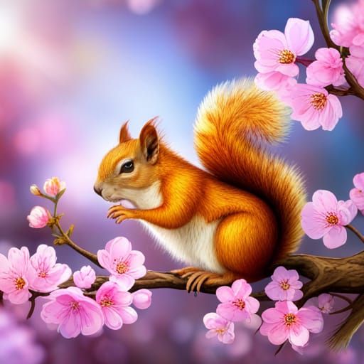 Majestic Squirrel Adorns Cherry Blossom Tree in Vibrant Spri...