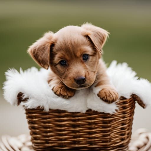 Charming Brown Puppy in a Wicker Basket