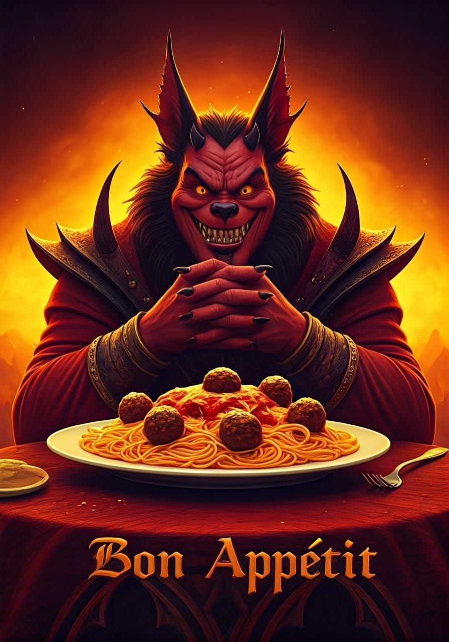 Hellish Duke Devours Gargantuan Spaghetti Feast in Vibrant O...