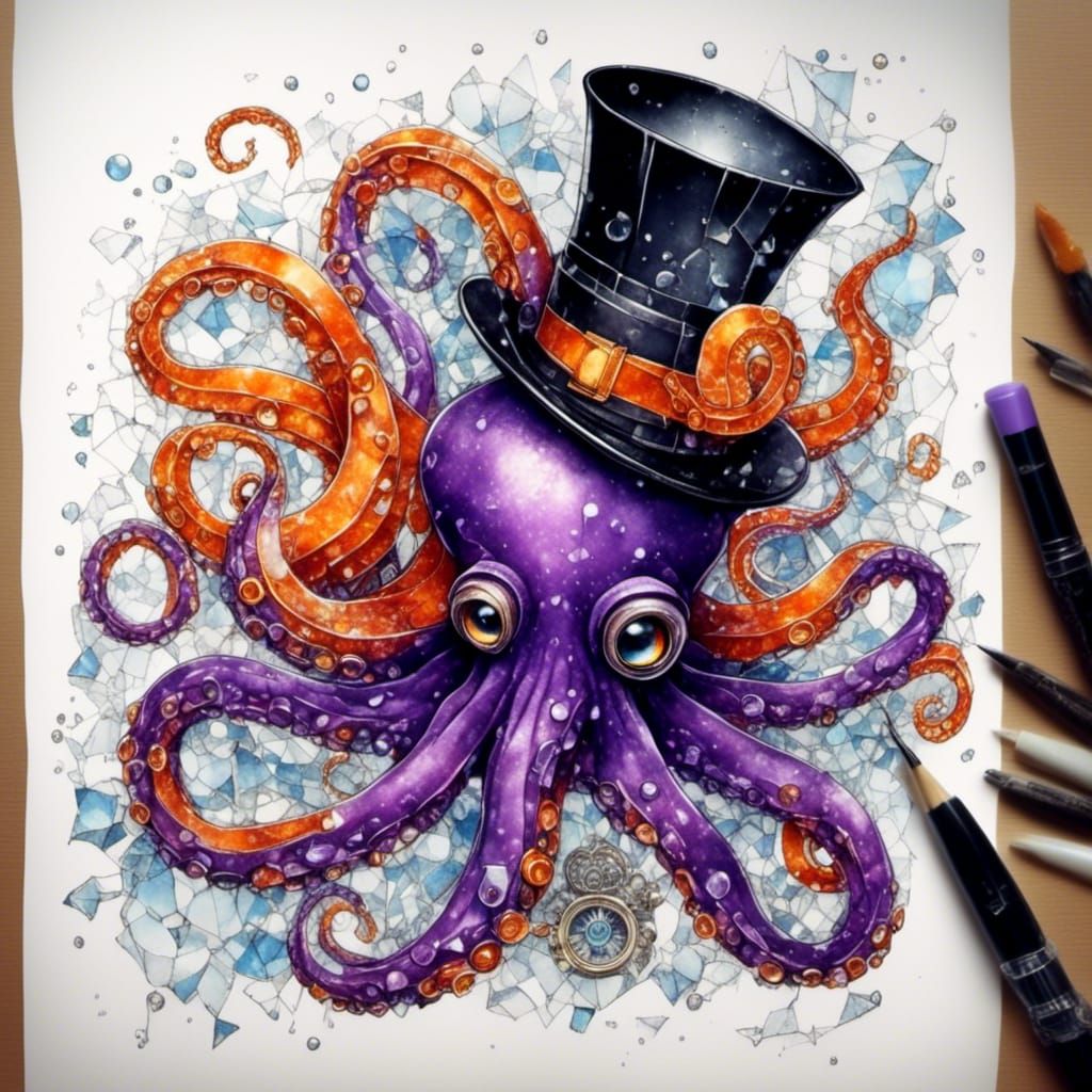 Surreal Octopus in a Broken Crystal Frame with a Top Hat and...