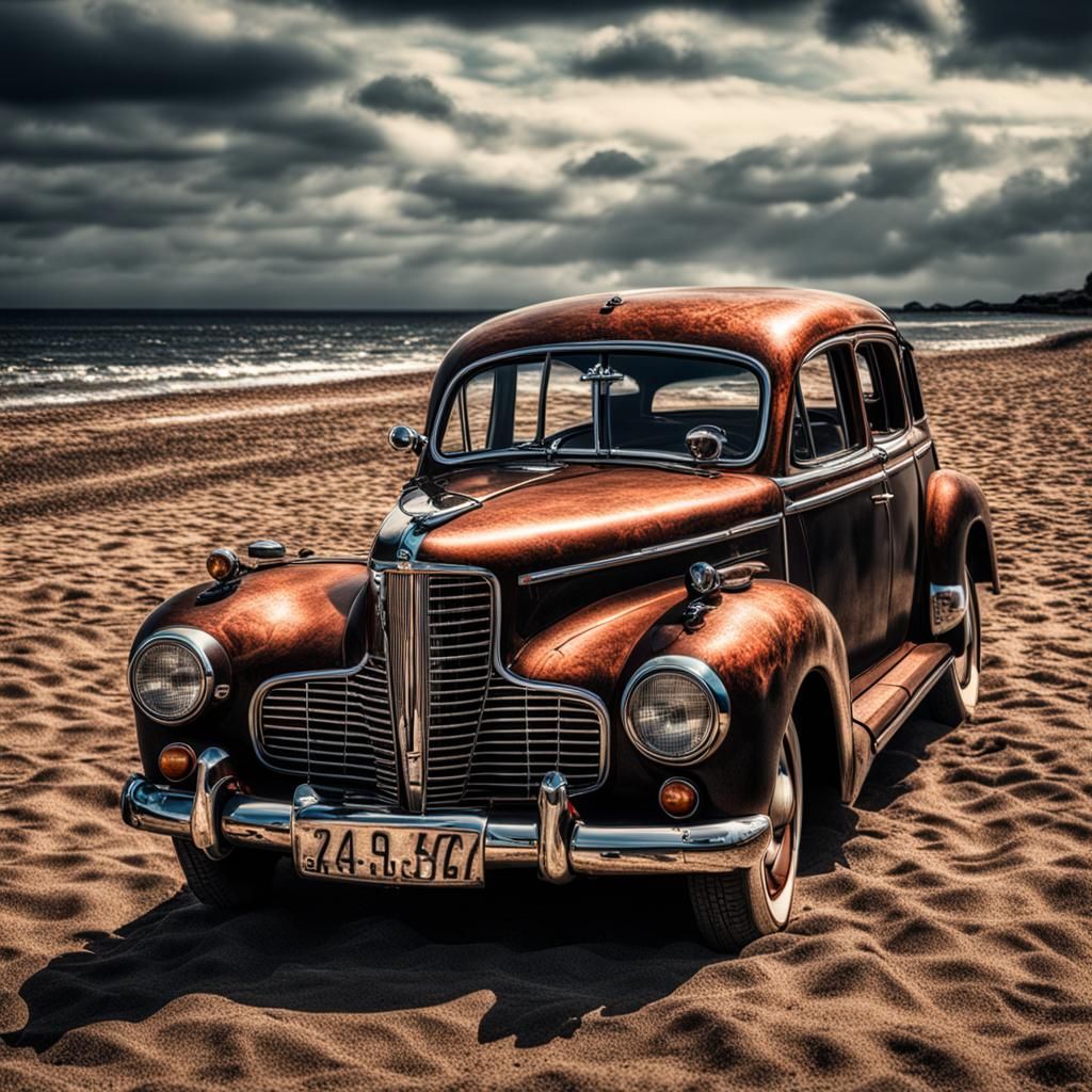 Dreamlike Scene of a Girl and a Car on the Beach