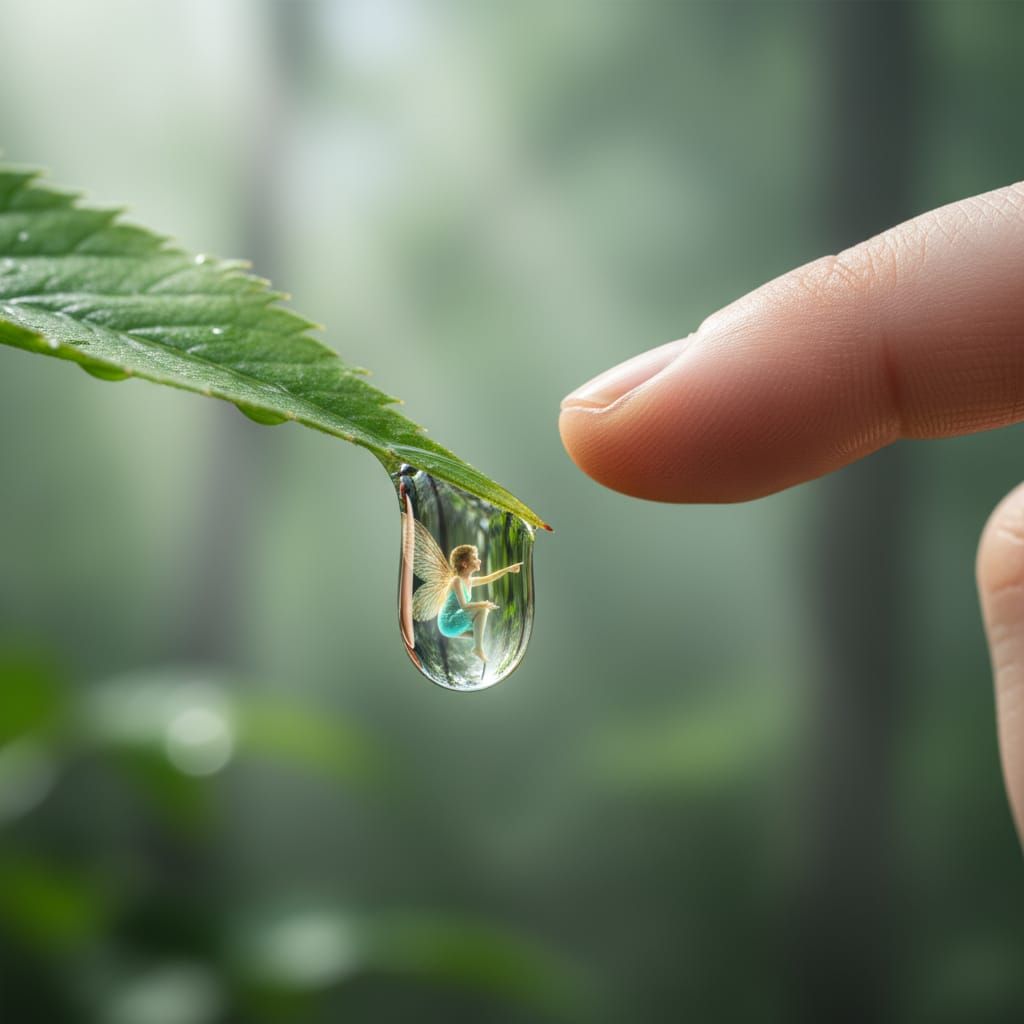Bioluminescent Fairy in Raindrop, Macro Photograph