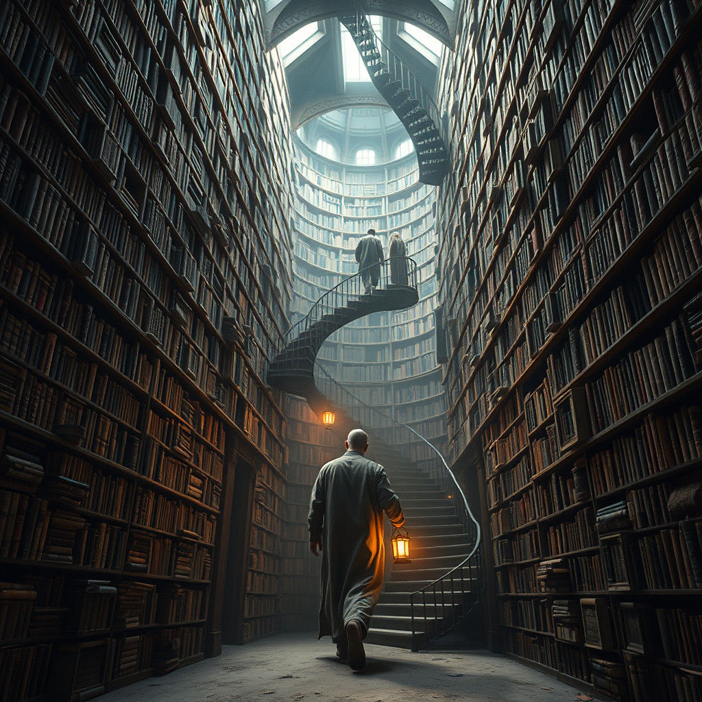 Ethereal, Infinite Library with Towering Bookshelves and Flo...