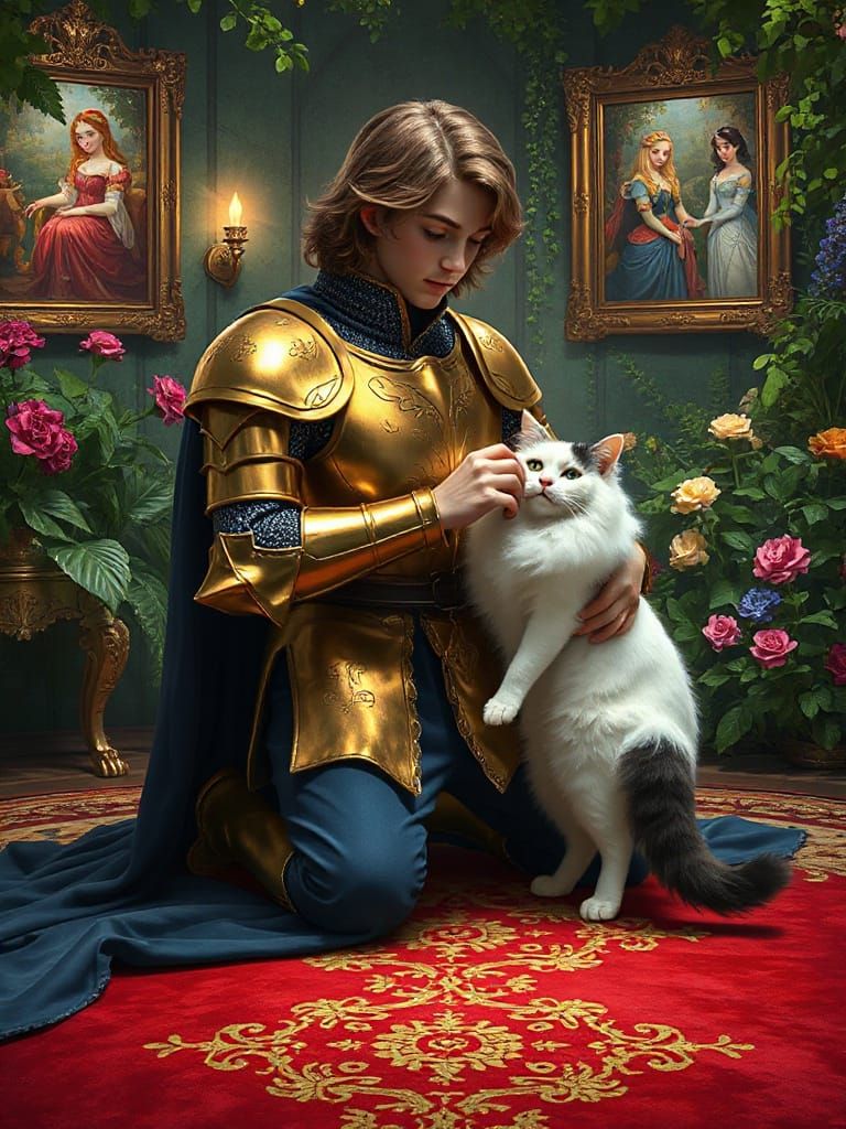 Knight in Golden Armor Petting Cat, Digital Painting