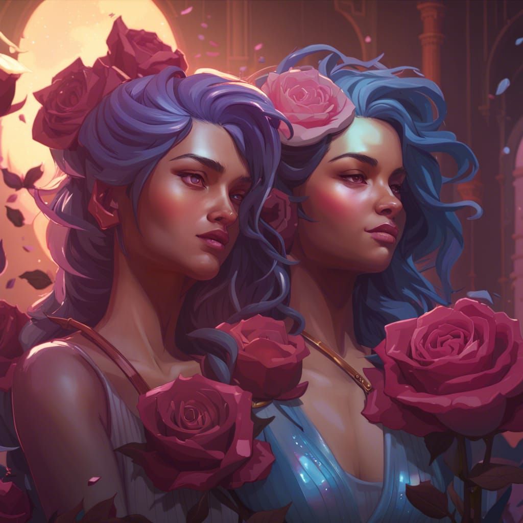 Phoenix Companions in Dusk, Adorned with Roses