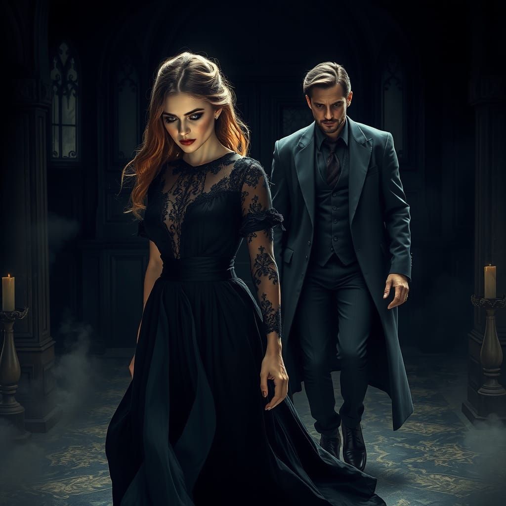 Mystical Woman and Brooding Man in Gothic Setting
