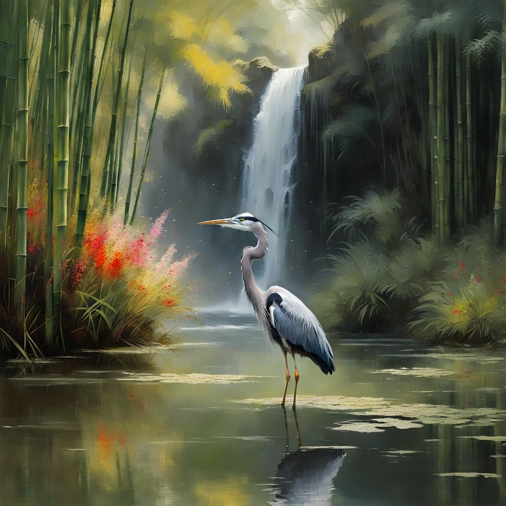 Dramatic Grey Heron in Bamboo Forest