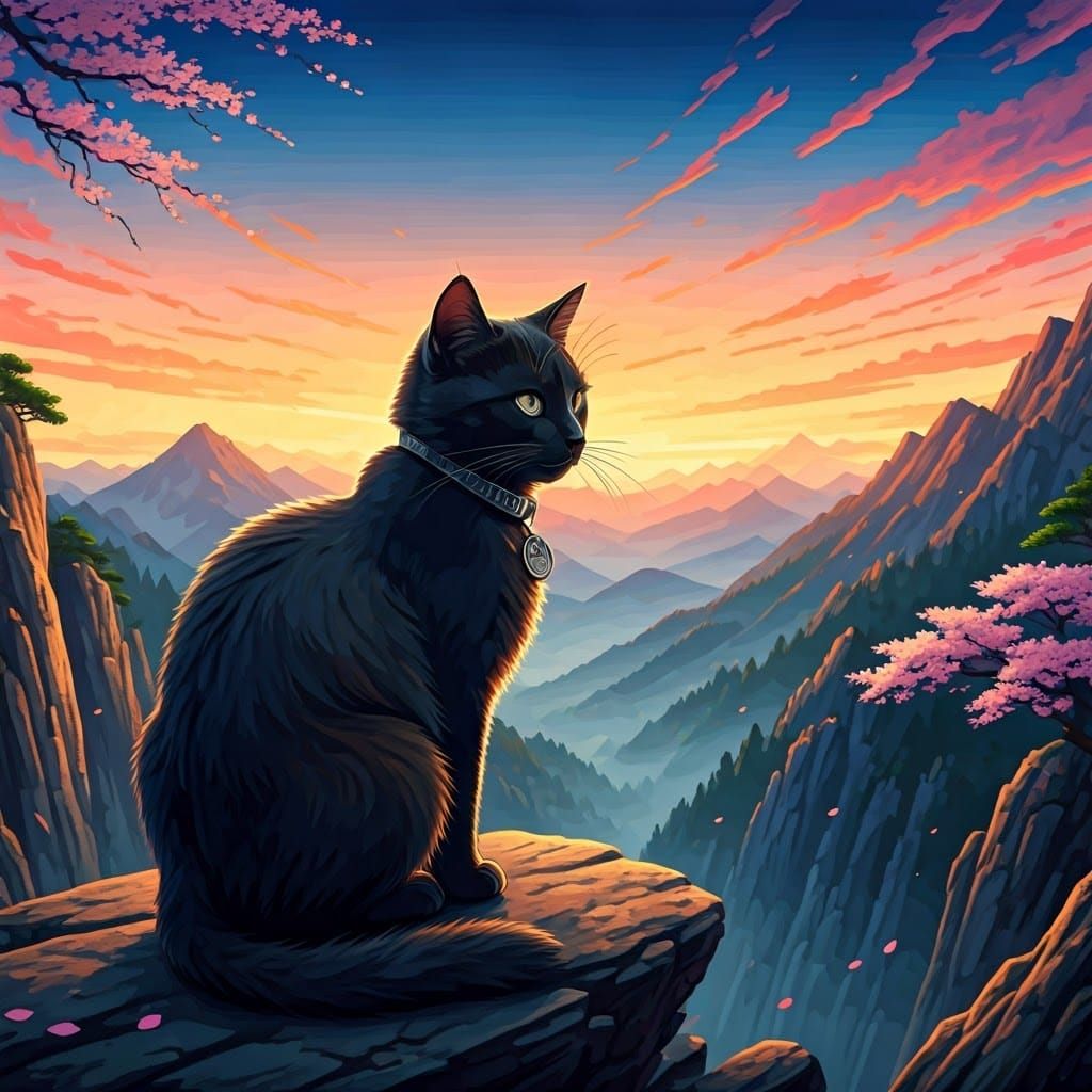 Majestic Black Cat Watches Sunrise over Mountains