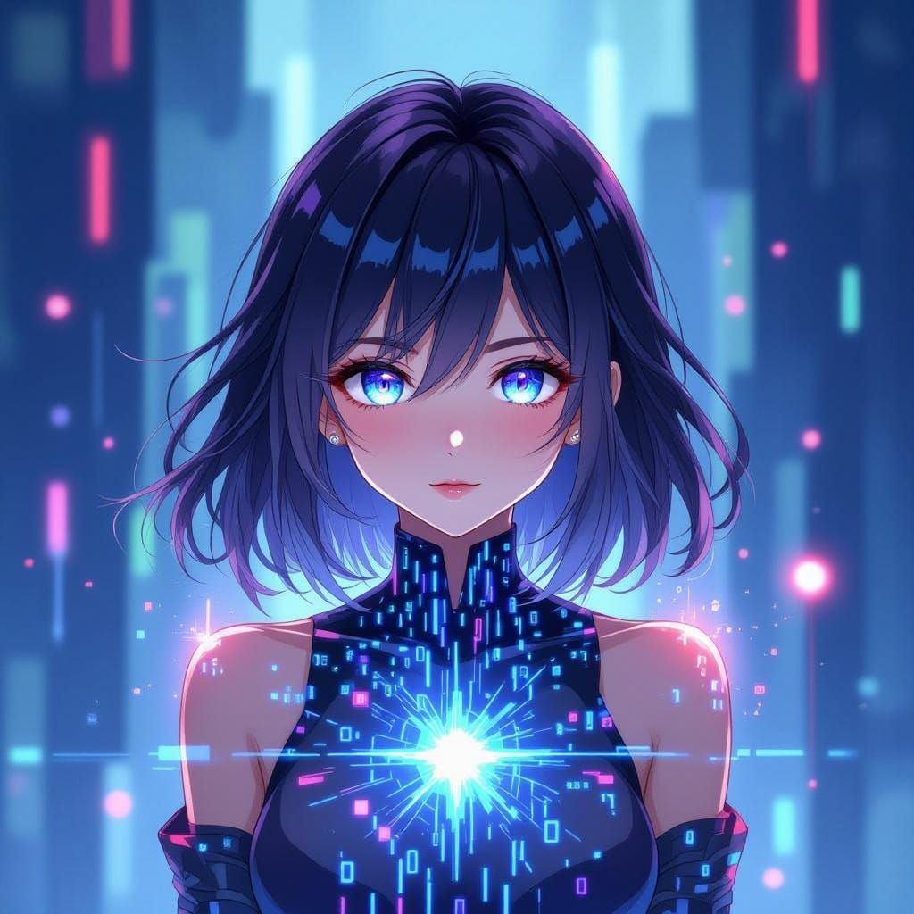Anime Woman Made of Binary Code in Digital Realm