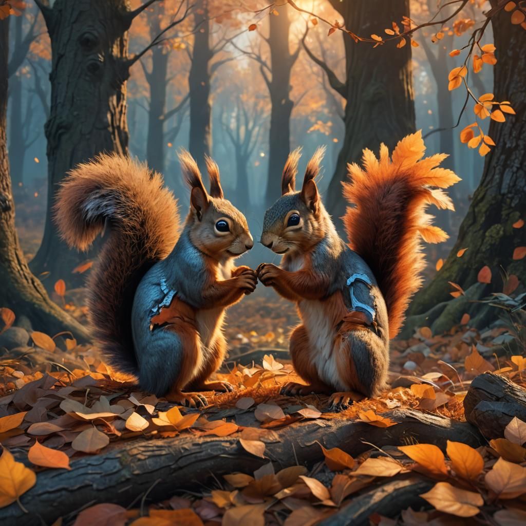 Whimsical Autumnal Squirrels in Love