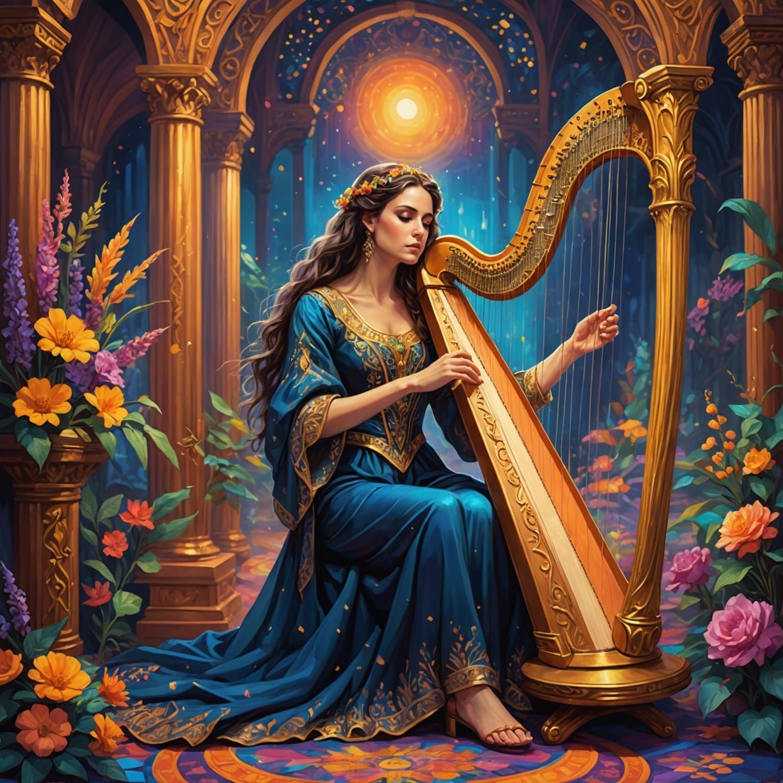 Spectacular Harpist in Vibrant Stage Setting