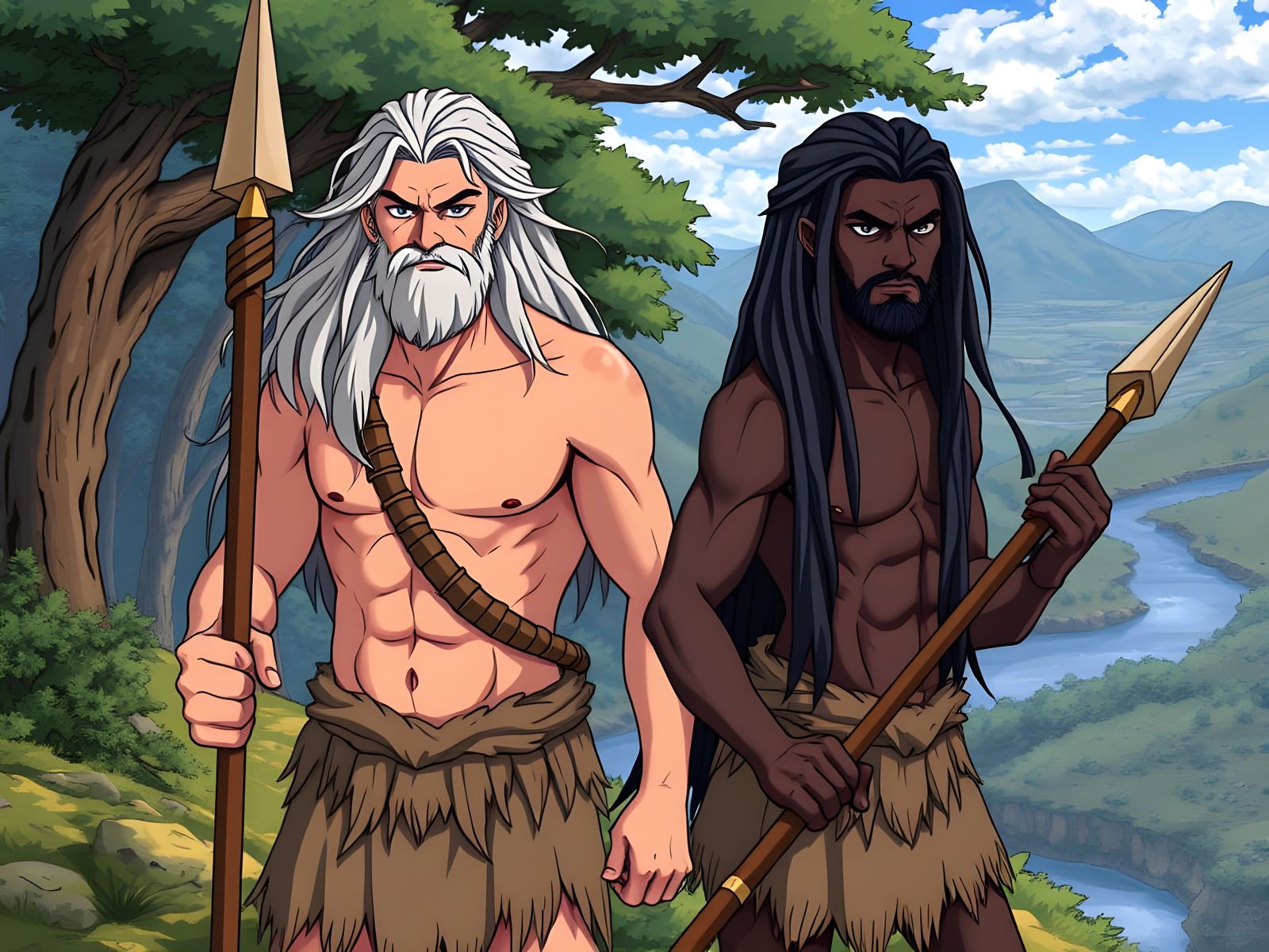 Cavemen Guardians of a Vibrant Valley Landscape in Anime Sty...