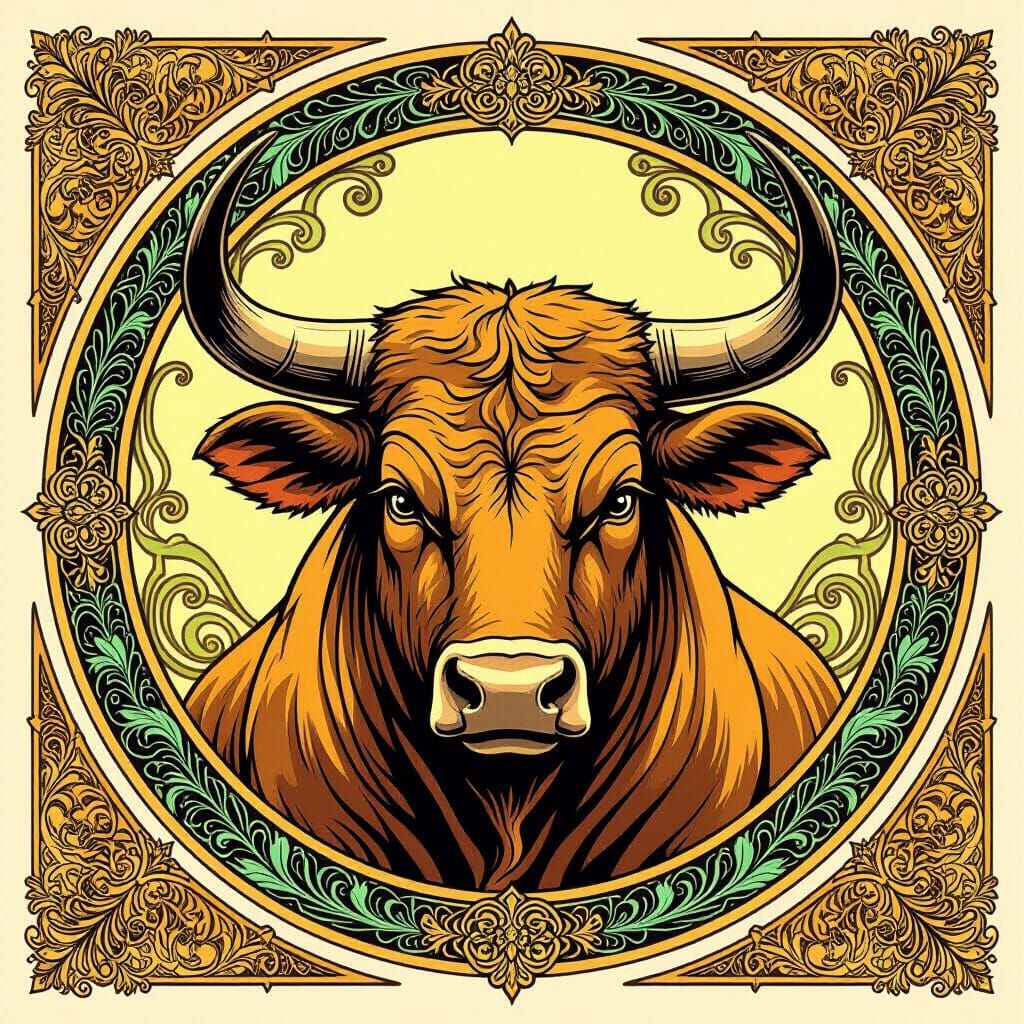 Taurus Symbol in Art Nouveau Style Circle
