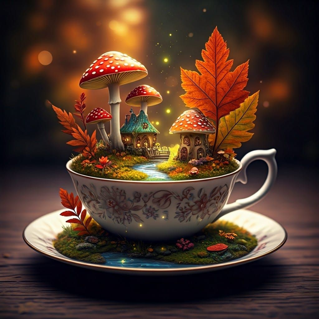 Whimsical Autumn Fantasy in Delicate Tea Cup Miniature