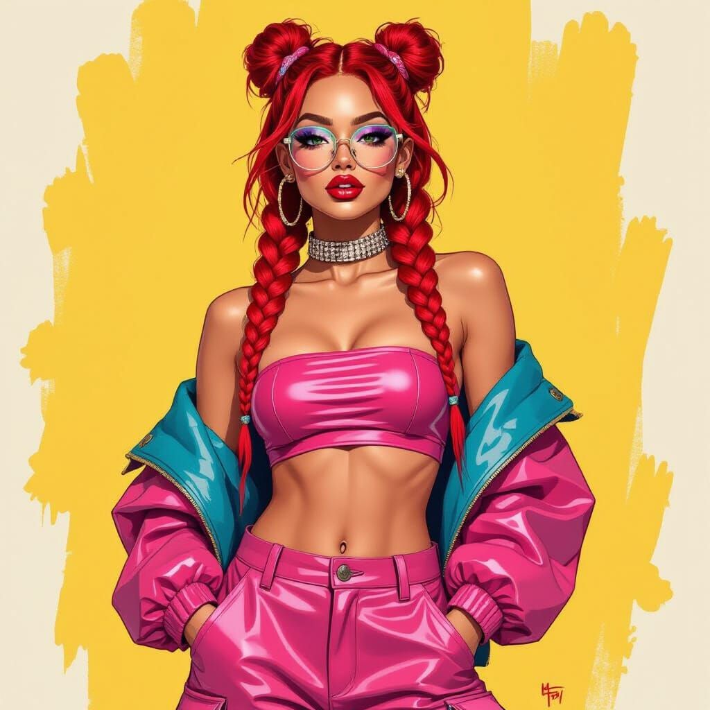 Sassy Woman in Metallic Outfit, Mixed-Media Portrait