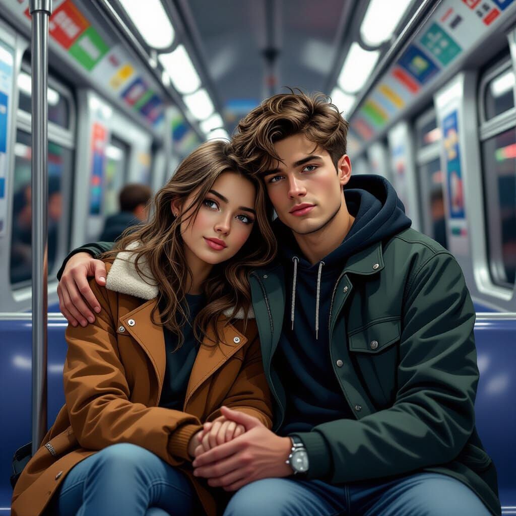 Subway Couple in Hyperrealistic Comic Style