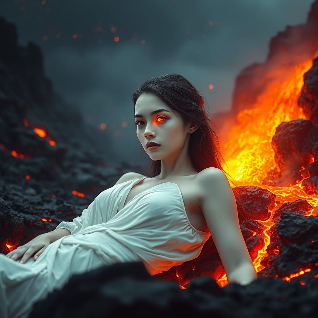 Surreal Volcanic Goddess with Lava-Emitting Eyes