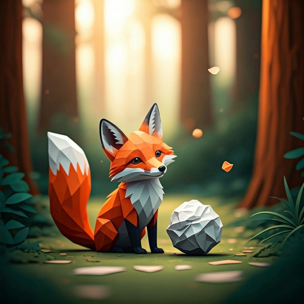 Surreal Origami Fox Plays with Crumpled Paper Ball in Enchan...
