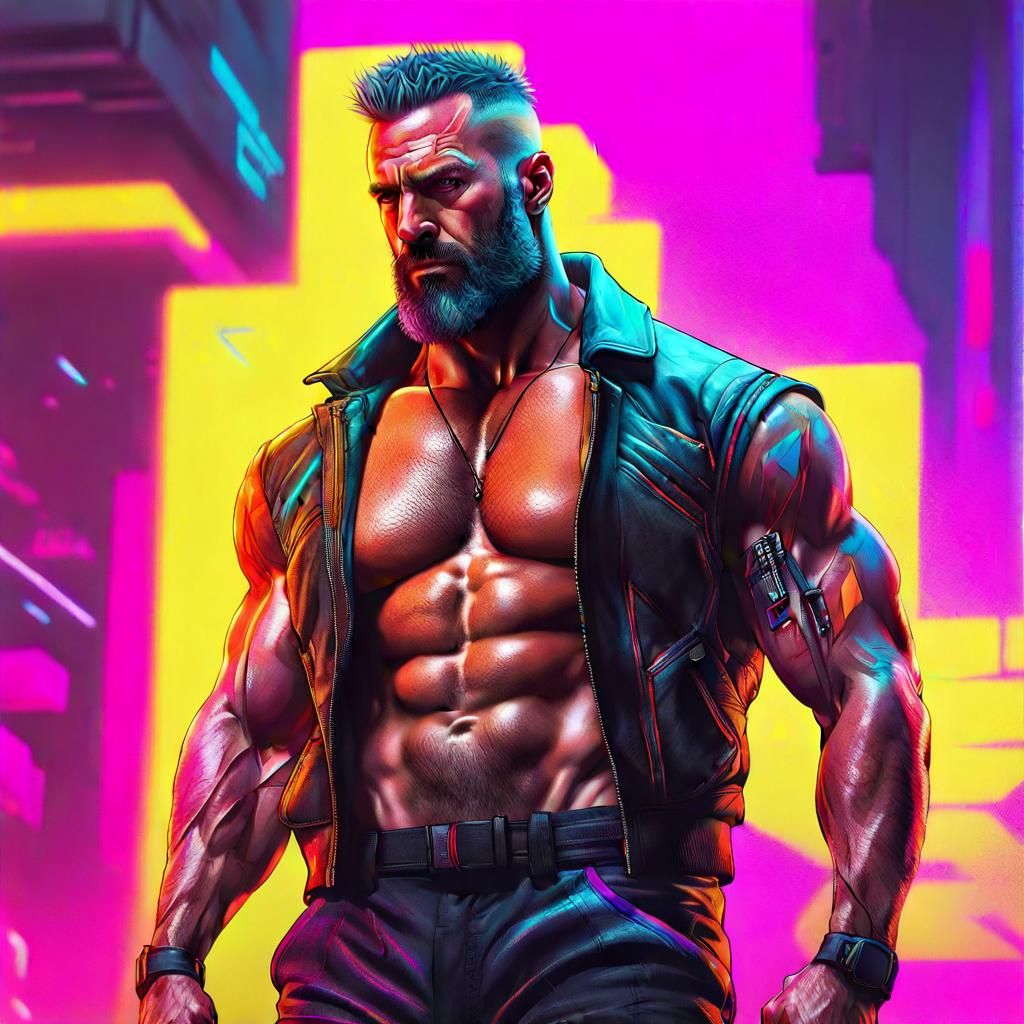 Cyber Bodybuilder Flexes in Neon Lit Cyberpunk World