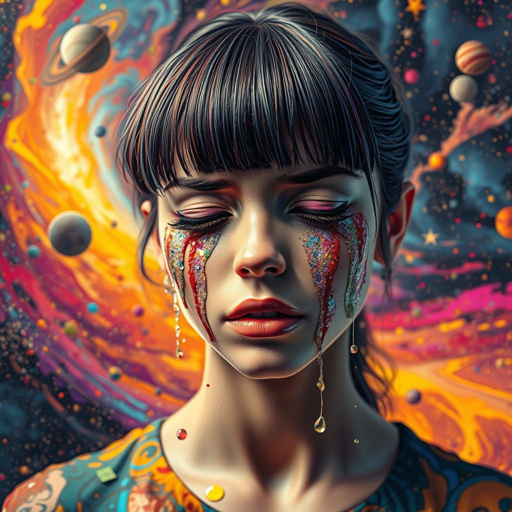 Young Woman Cries Tears of Glittery Paint Amidst Cosmic Vort...