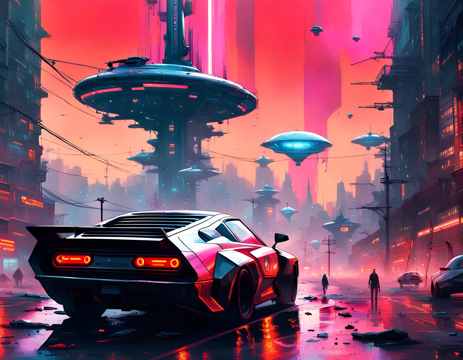 Retro Futuristic Atompunk Cityscape with Vibrant Neon Lights